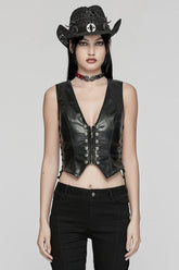 Black Faux Leather V Collar Sleeveless Lace-Up Zipper Women's Punk Vest